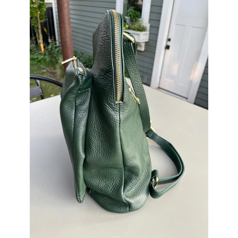 Borse in Pelle Dark Green Pebbled Leather Two Way Backpack Made in Italy